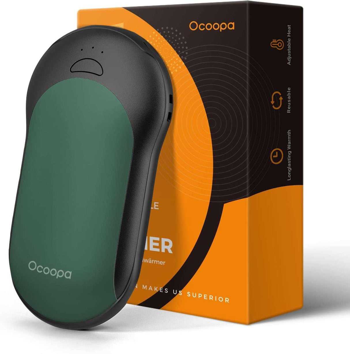 OCOOPA H01 Fashion 10,000mAh Rechargeable Hand Warmer with 8-15 hours of warmth, 5-second heating, dual outputs, and compact design.